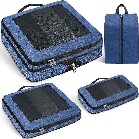 Large Compression Packing Cubes, Full Open Visible Design， Expandable Packing Organizer with Travel Shoe Bag for Suitcase & Backpack, 4 Set Lightweight Travel Bags for Vacation & Camping