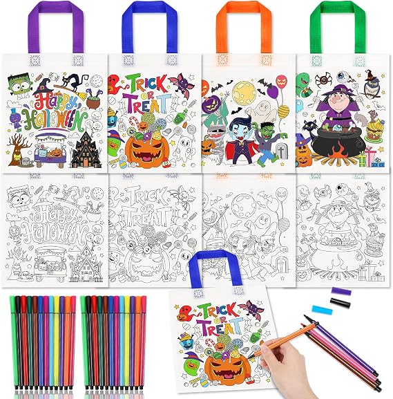 HOWAF 12pcs DIY Trick or Treat Bags, Halloween Coloring Goodie Bags with Paint Pens for Kids, Trick or Treat Coloring Tote Bags, Color Your Own Halloween Reusable Canvas Bag Party Favors Coloring