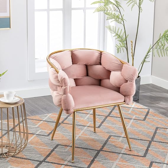 Henf Modern Velvet Accent Chair, Luxury Upholstered Armchair Tufted Living Room Chair with Woven Back and Golden Metal Legs, Mid-Century Leisure Single Sofa Chair for Living Room Bedroom (Pink)