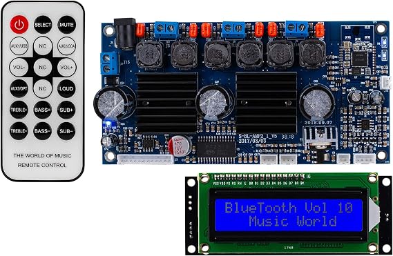 Parts Express 2.1 Amplifier 50W x 50W x 100W with Built-in Bluetooth 3.0 Backlit LCD Screen, and IR Remote