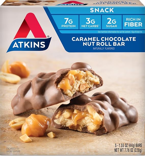 Atkins Caramel Chocolate Nut Roll Snack Bar, Protein Snack, High in Fiber, 2g Sugar, 5 Count