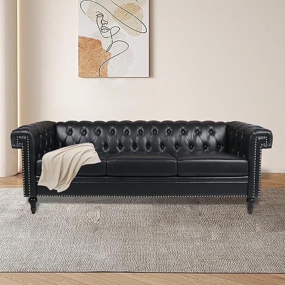Chesterfield Sofa 83.66 Inch Traditional Square Arm Large Sofa, Chesterfield Couch 3 Seater Modern Leather Couch Upholstered Sofa with Tufted Back for Living Room Furniture (Black)