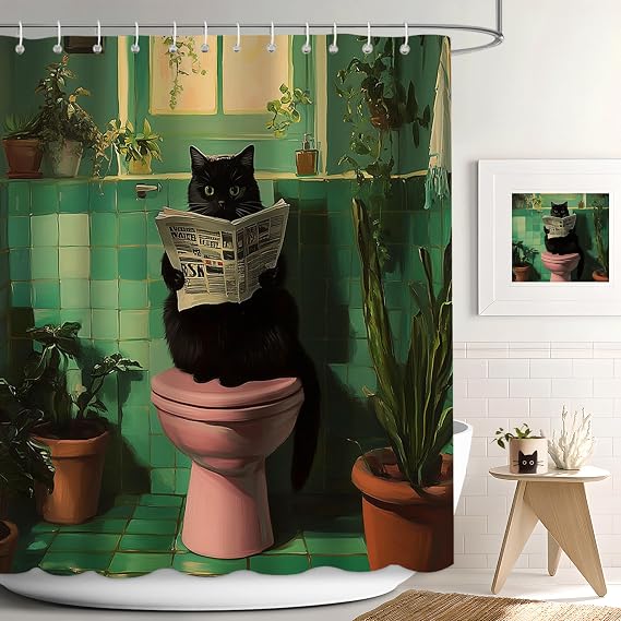APROPHIC Funny Cat Shower Curtain, Green Shower Curtain for Bathroom, Balck Cat Reading Newspaper Print Bathroom Curtain Decor Waterproof Fabric with 12 Hooks, 72x72 Inch