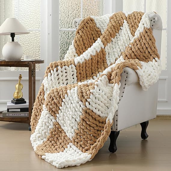 Tudomro Checkered Chunky Knit Throw Blanket for Couch 50 x 60 Inches Neutral Decor 100% Hand Knitted Cozy Soft Large Rope Knot Crochet Blankets for Sofa Living Room(Ivory and Brown)