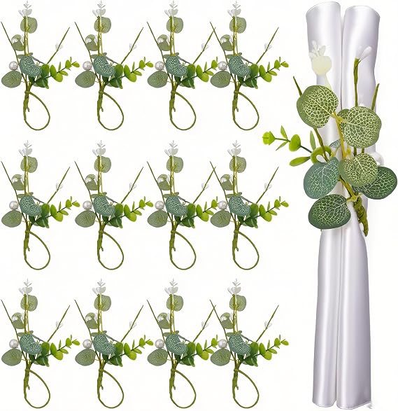 Napkin Rings Set of 12, Eucalyptus Leaf Napkin Rings for Dining Table Decoration, Flower Napkins Rings Holder with Pearl for Farmhouse, Wedding Banquet Family Spring Banquet