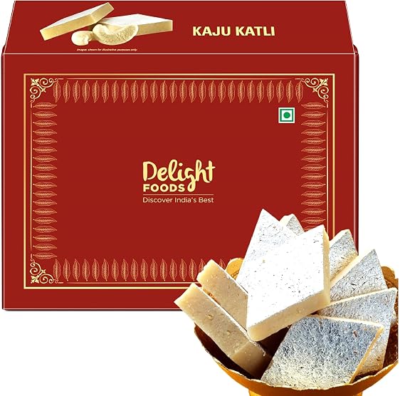 Delight Foods Premium Kaju Katli Katri Barfi 500g | Authentic & Fresh | Indian Sweet Made with Cashew Nuts | Festive Sweets Mithai Gift Pack