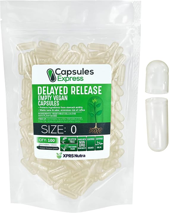 XPRS Nutra Delayed Release Size 0 Empty Capsules - 100 Count Clear Empty Vegan Capsules - Vegetarian Pills DIY Vegetable Capsule Filling - Veggie Gel Caps for Do-It-Yourself Supplements