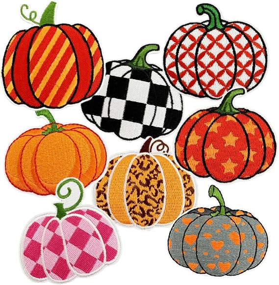 8PCS Pumpkin Iron on Patches, Halloween Thanksgiving Cartoon Colorful Embroidered Patches for Clothes, Custom Gift Autumn Applique for Hats, Jeans, Jackets, Bags, Backpacks, Dress