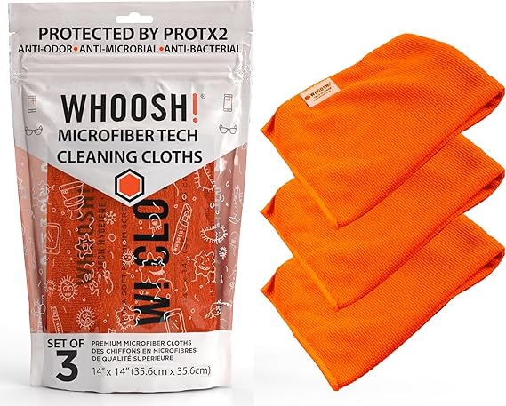 WHOOSH! Microfiber Glasses & Screen Cleaning Cloth, 3 Pack, 14x14, Orange