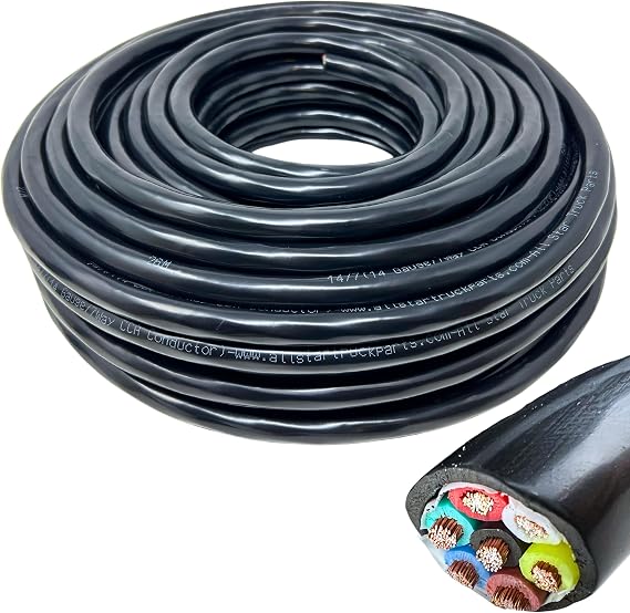 14 Gauge 7 Way Trailer Wire 30% Copper CCA 7 Conductor Cable 25 Ft Roll | All Star Truck Parts 14 AWG CCA DOT FMVSS 108 SAE PC P2 Flexible PVC Jacket -15C Rated Color Coded Conductors RV Camper 12V