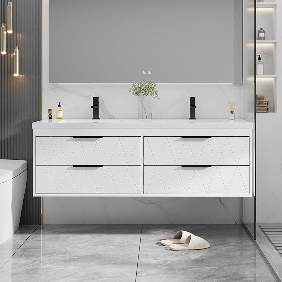 eclife 60" Floating Bathroom Vanity with Sink Combo, Modern Wall-Mounted Vanities Cabinet W/Decor Lines, Soft-Closing Drawers, Double White Sink, Faucet & Drain, White