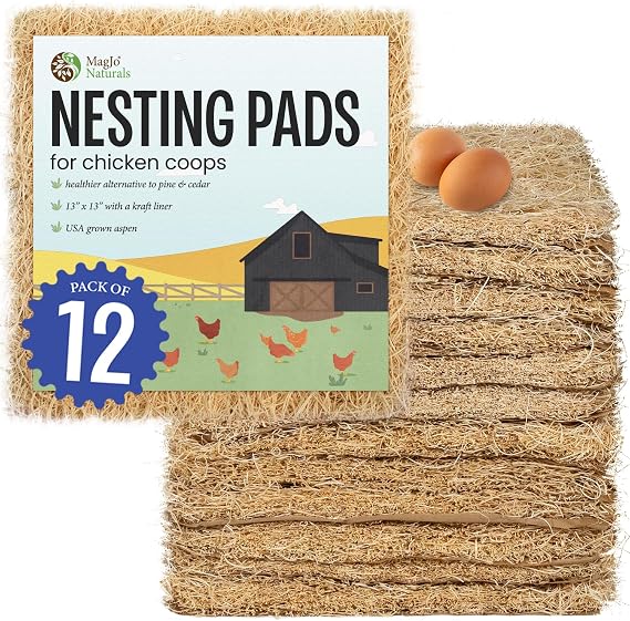 MagJo Aspen Nesting Pads for Chicken Coops - USA Grown Aspen Excelsior Nest Box Liners 13x13-12 Pack