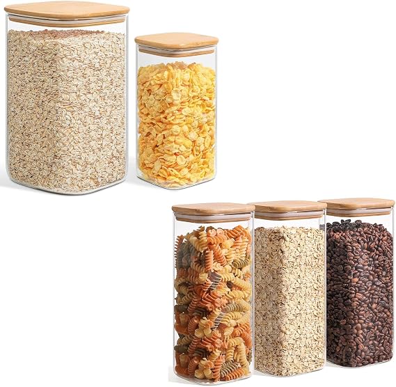 ComSaf 138/50oz&61oz Set of 5 Glass Storage Containers with Lids, Glass Jars with Bamboo Lids, Clear Food Storage Jar, Round Glass Canister, Pantry Organizers and Storage for Pasta Flour Coffee Bean