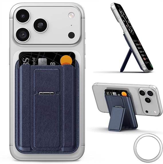 Magsafeウォレット用 カードホルダー スタンド付きカードホルダー マグネットリング付き RFIDブロック 軽量スリムレザー Magsafe Walllet用 iPhone 17/16/15/14/13/12用 iPhone Miniシリーズには非対応 ブルー