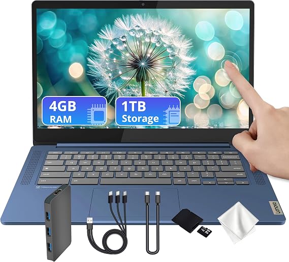 Lenovo IdeaPad Slim 3 14" FHD Touchscreen Chromebook, MediaTek Kompanio 520, 4GB LPDDR4X RAM, 1TB Storage (64GB eMMC & 1TB Docking Station Set), WiFi 6, Webcam, Chrome OS, Abyss Blue