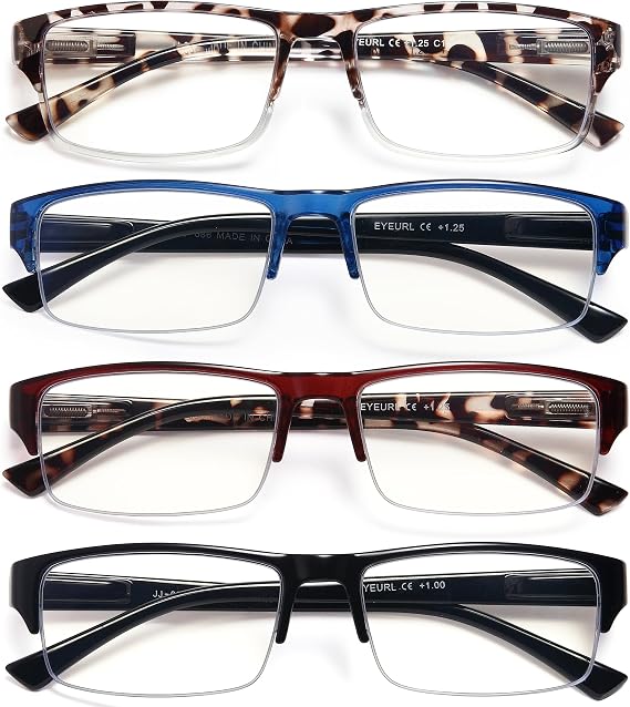 EYEURL Half Frame Reading Glasses for Women-4 Pack Blue Light Glasses | Square Stylish Rimless Computer Readers,Mens Blue Light Blocking Readers,All-Day Comfort Spring Hinges,Anti Eyestrain/UV