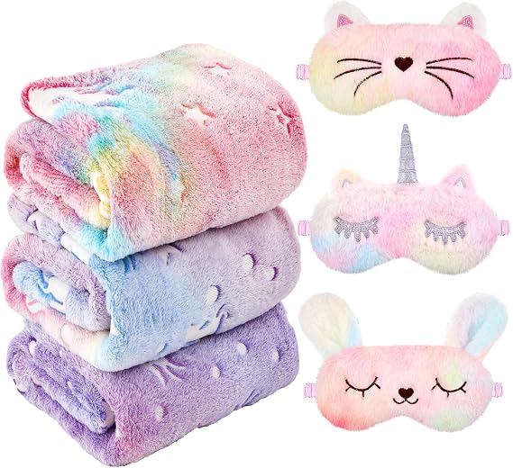 Fanfanwin 6 Pcs Sleepover Party Supplies for Girls, 3 Glow in the Dark Unicorn Blanket and 3 Plush Eye Mask Covers for Sleeping Slumber Sleepover Spa Party Birthday Christmas Valentine Gifts