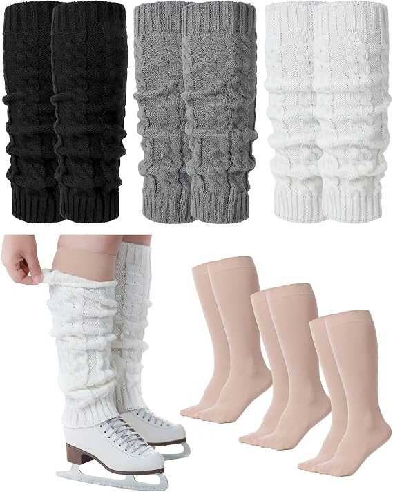 Chuarry 6 Pairs Skating Leg Warmer Sets for Women Girls Knit Long Leg Warmers Socks Calf Socks Set for Ice Figure Skating