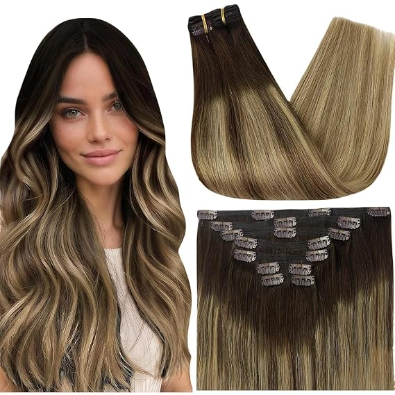 Full Shine Ombre Clip in Hair Extensions Real Human Hair, 12 Inch