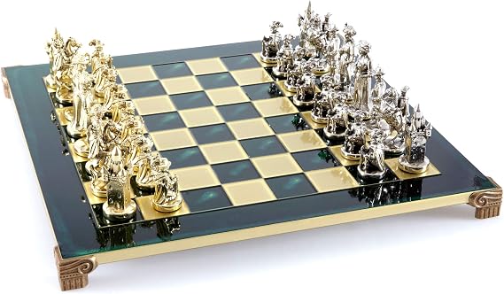 Manopoulos Knights Chess Set - Brass & Nickel - Green Chess Board (2 Players, Age 12+)