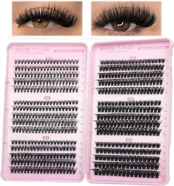 Cluster Eyelash Extensions 570pcs D Curl Thick Volume Lashes Individual Cluster Natural Looking 8-16MM Fluffy Russian Eyelashes Extensions Wispy Lash Clusters for DIY at Home(30+40+50+60+80+100)