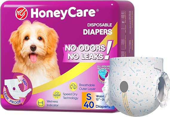 HONEY CARE All-Absorb Disposable Female Dog Diapers Small Size, Improved, 40 Count, Super Absorbent, Breathable, Wetness Indicator (Pack of 1, 40 Count Total)