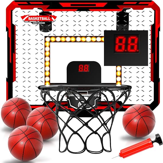 Doloowee Mini Basketball Hoop for Kids, Basketball Hoop Indoor with Lighted Electronic Scoreboard & 4 Balls, Basketball Toys for 3 4 5 6 7 8 9 10 11 12 Year Old Boys
