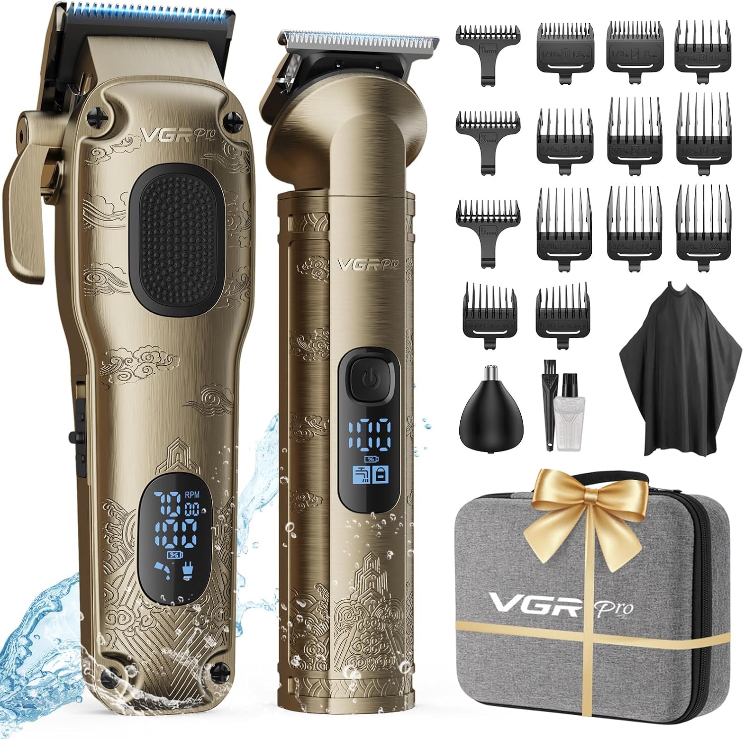 VGRPRO Hair Clippers Men Professional, Mens Clippers and Trimmers Set, USB Rechargeable Cordless Hair Clippers for Hair Cutting, Electric T-Blade Hair Trimmer for Men with Package Case Gloden