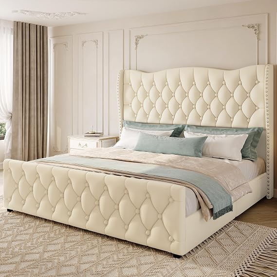 King Size Bed Frame with 53.15" High Crown Headboard, Beige