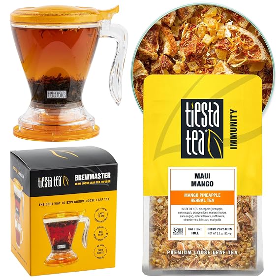 Tiesta Tea - Maui Mango Herbal Tea and Brewbasket Infuser Bundle, Mango Pineapple Herbal Tea, Non-Caffeinated Fruit Blend, 5oz Reusable Stainless Steel Strainer