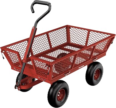 900 Lbs Heavy Duty Steel Garden Cart, Outdoor Metal Garden Wagon On Wheels, Utility Yard Cart with Mesh Removable SidesConvert to Flatbed and Removable Handle Convert to Trailer, Red
