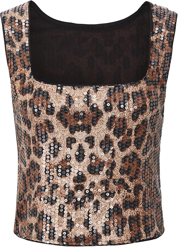 Women's Leopard Cheetah Print Top Sequin Y2k Tops Crop Tank Top Sleeveless