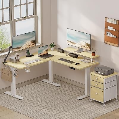 Flycity Electric L Shaped Standing Desk with File Cabinet, 59 x 59 Corner Computer Desk with Drawers, Dual Motor Stand Up Desk with Storage, Home Office Standing Desk Adjustable Height, Maple