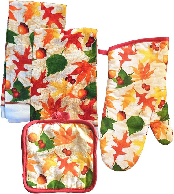 Home Collection Bundle of Kitchen Linens Featuring: Kitchen Towels, Pot Holders, Oven Mitts, Dish Drying Mat (6, Fall Leaves)