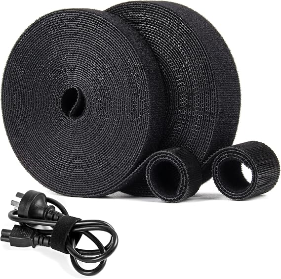 OneLeaf Heavy Duty Hook and Loop Cable Ties Roll, Cable Management, Black