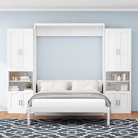 Queen Size Murphy Bed with 2 Side Cabinet Storage Shelves, 68 inch Cabinet Bed Folding Wall Bed with Desk Combo Perfect for Guest Room, Study, Office,White