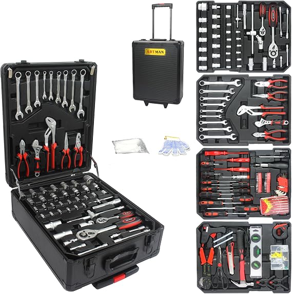 899pcs Rolling Tool Set With Lock - 4 Layer Trolley Case, 90 Piece Kit With 2 Portable Wheels, Wrench Socket Hand Box for Garage Repair (Black)