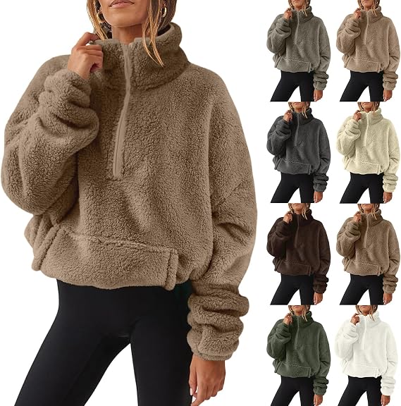 Women Sherpa Pullover Half Zip Fuzzy Fleece Oversized Sweatshirt Long Sleeve Fluffy Quarter Zip Pullover with Pocket