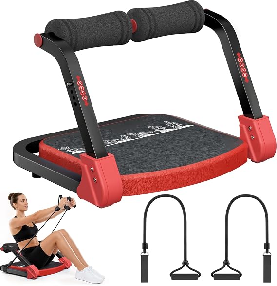 Ab Machine, Sit Up Exercise Equipment with Two Tension Ropes, 4 Adjustable Resistance, Automatic Rebound sit up machine, Ab Trainer for Home and Gym
