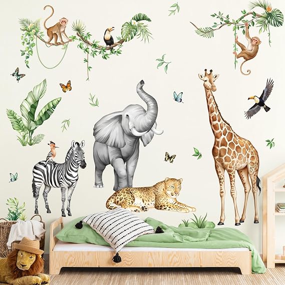 Large Safari Animals Wall Sticker Jungle Elephant Giraffe Monkey Wall Decal