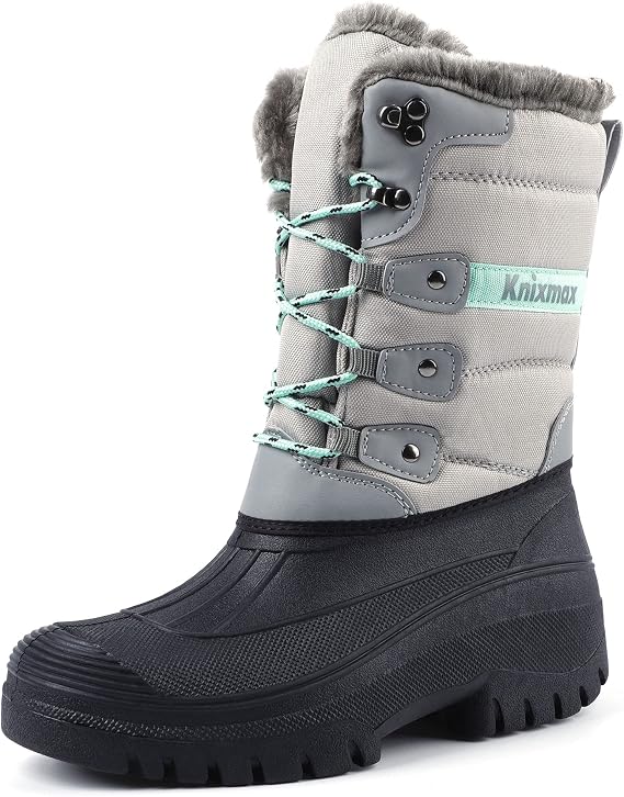 Knixmax Women's Winter Snow Boots Waterproof Mid Calf Booties Fur Lined Warm Outdoor Insulated Mucker Yard Skiing Hiking Boots Lite Grey EU 40