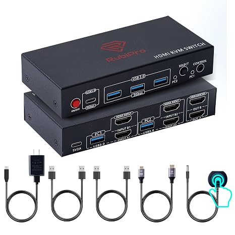HDMI KVM Switch 2 Monitors 2 Computers 8K@60Hz, 4K@120Hz, 4 Port USB 3.0 Hub (5Gbps), Wired Remote, Plug & Play for Windows/Mac/Linux with an additionl Braided 8K HDMI Cable