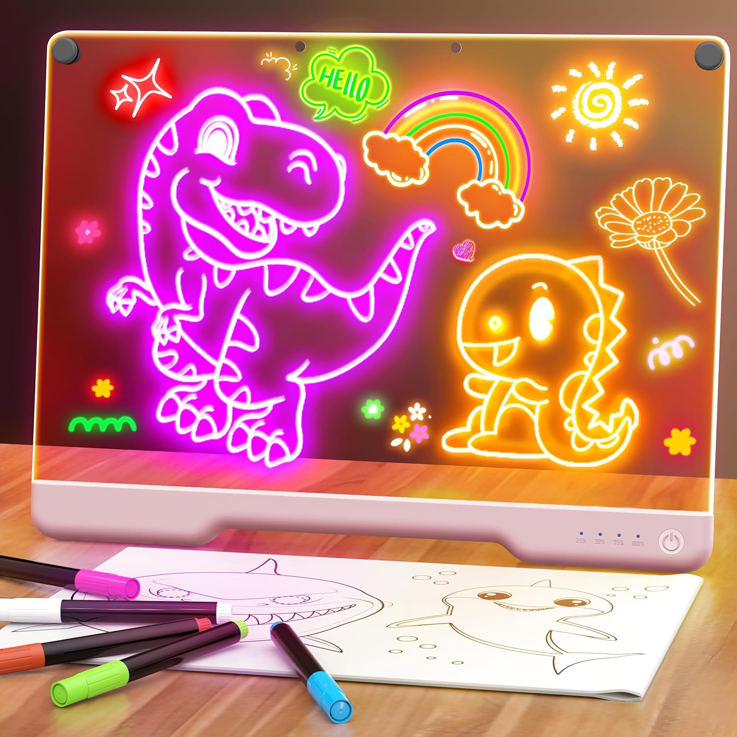 LED Note Board with 7 Color Light Modes, 16-Inch Rechargeable Neon Glow Art Dry Erase Light Up Drawing Pad with Built-in Stand for Kids, Sketching Gift Toy for Teens, 7 Markers, Pink
