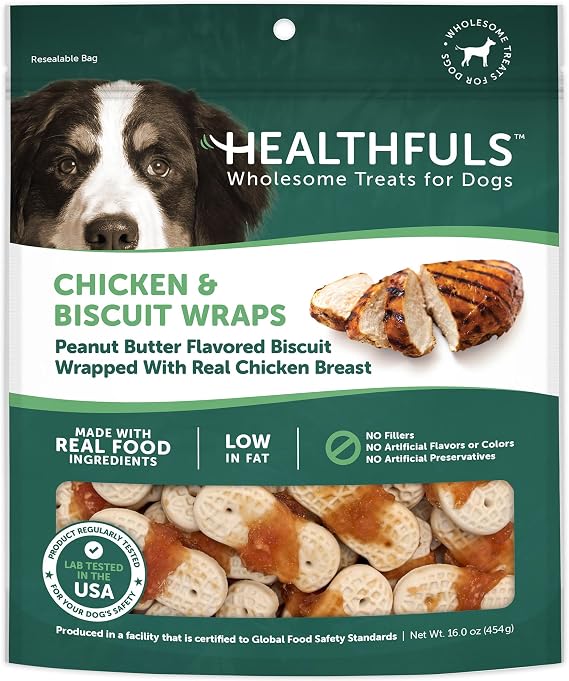 HEALTHFULS Chicken & Peanut Butter Healthy Dog Treats High-Protein, Low-Fat, Biscuit Wraps with Real Peanut Butter 16 oz