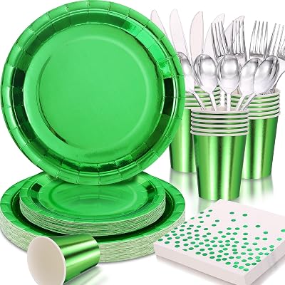 Green Party Decorations, 168 Pcs Green Paper Plates and Napkins Party Supplies, Birthday Plates Serve 24, for Birthday Baby Shower Graduation Fathers Day