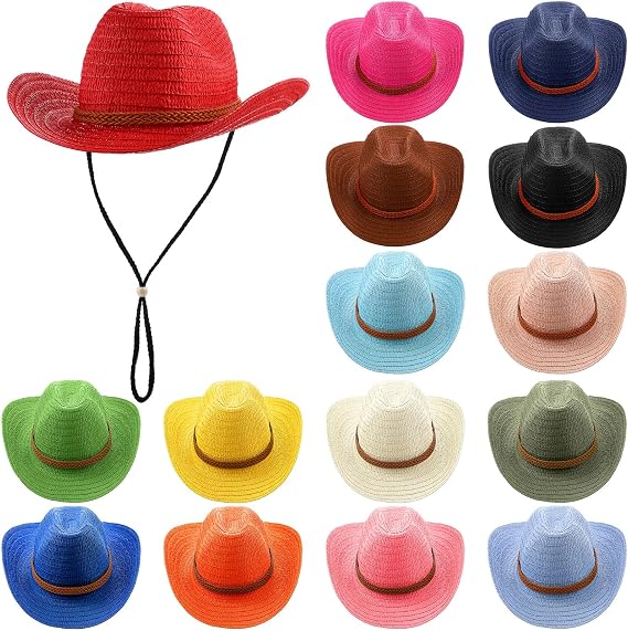 Suhine 15 Pcs Straw Cowboy Hat for Men Women Colorful Western Hat Bulk Sun Protection Large Brim Cowgirl for Summer Seaside