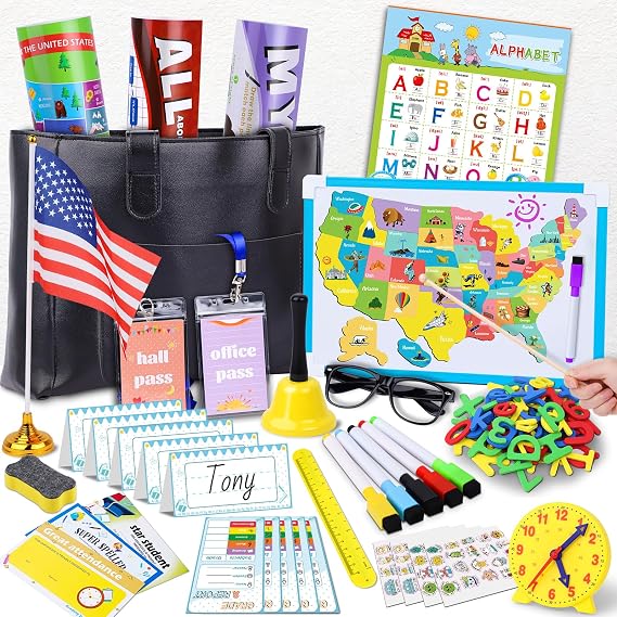Teacher Play Set for Kids, Pretend School Kit Toys for Boys and Girls | Classroom Role Playset With Bag, Whiteboard, Learning Clock, Educational Posters and Teaching Stuff Supplies