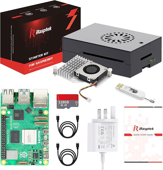 iRasptek Starter Kit for Raspberry Pi 5 RAM 8GB - 128GB Edition of OS-Bookworm Pre-Installed (Aluminum Case)