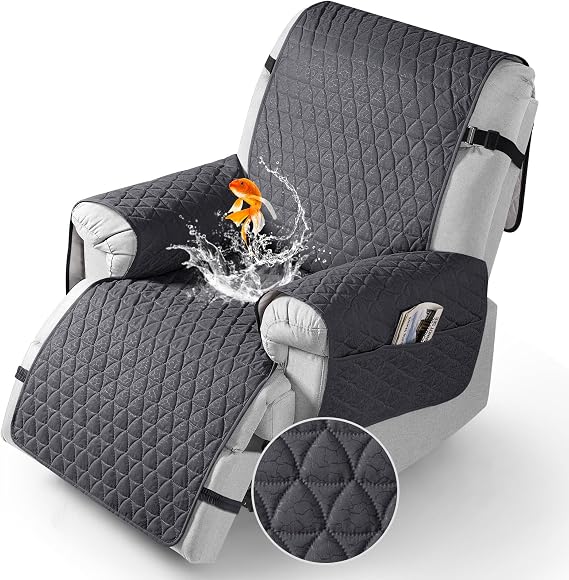 TAOCOCO 100% Waterproof Recliner Chair Covers, Non Slip Recliner Covers that Stay in Place, One-Piece Washable Reclining Chair Cover with Elastic Straps, Black Grey, Fits 28" Seat Width