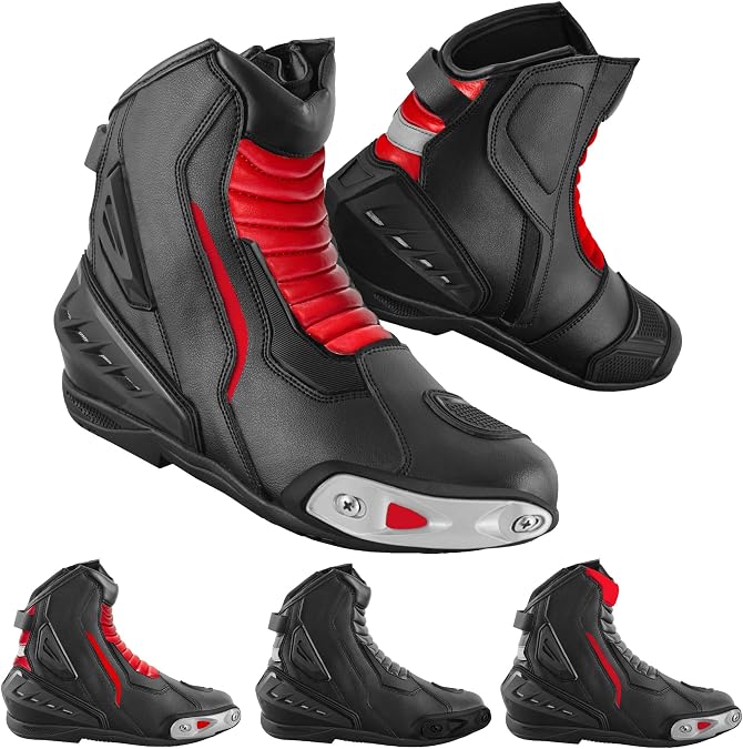 Mens Motorcycle Boots Waterproof Leather Biker Riding Shoes with CE Approved Shoes, Anti-Slip Sole & Breathable Lining